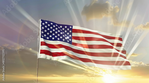 American flag waving at sunset patriotic image