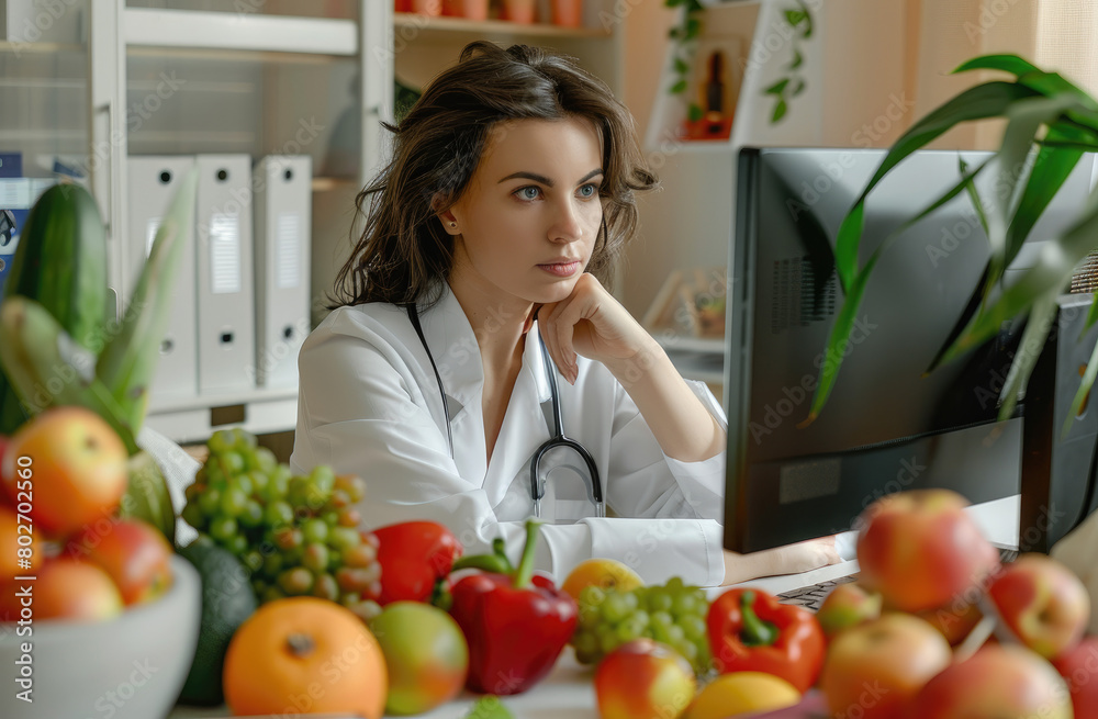 Female doctor sitting at her desk in her office with her computer, fruit and vegetables on the table, looking pensive while reading online information about healthy eating.