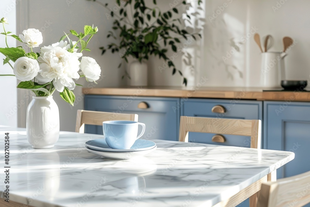 Empty and clean marble dining table in scandinavian kitchen. Modern monochrome interior with blue drawers on wooden furniture. Tablewear and vases with flowers - generative ai Empty and clean marble dining table in scandinavian kitchen. Modern monochrome interior with blue drawers on wooden furniture. Tablewear and vases with flowers - generative ai