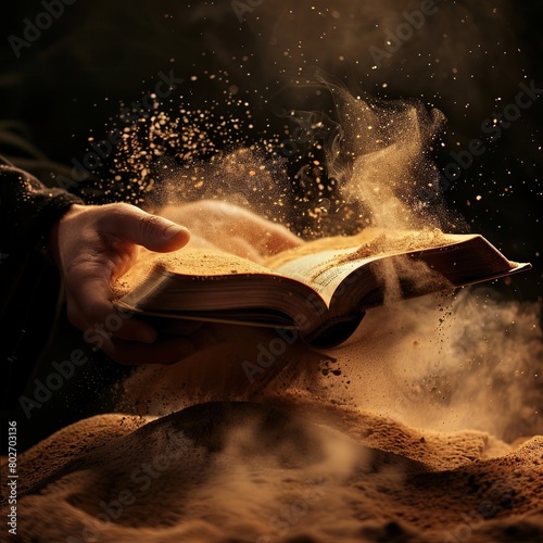 Man reading the holy bible in a cloud of smoke and sand on a dark background