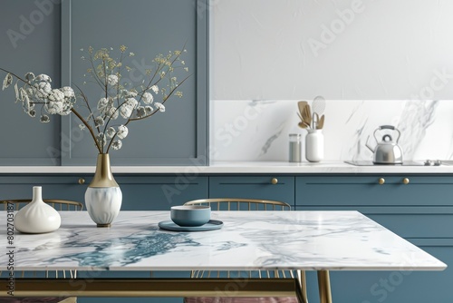Empty and clean marble dining table in scandinavian kitchen. Modern monochrome interior with blue drawers on wooden furniture. Tablewear and vases with flowers - generative ai photo