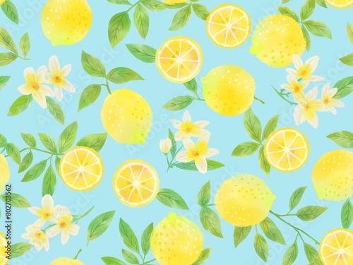Lemon and Plumeria Seamless Pattern, Lemon and White Flower Textile Design,Lemon Summer Seamless Pattern