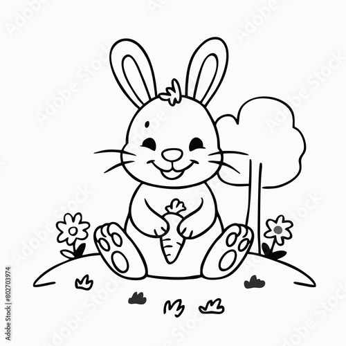 A charming hand-drawn rabbit illustration in black and white line art