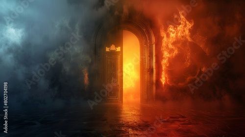 Conceptual scene with heaven and hell doors side by side, hell featuring intense flames and tormented souls, heaven calm and bright in misty surroundings © Paul