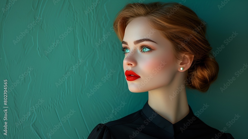 Side profile attractive female - green background - saint patrick's day - reflexctive - in thought Side profile attractive female - green background - saint patrick's day - reflexctive - in thought