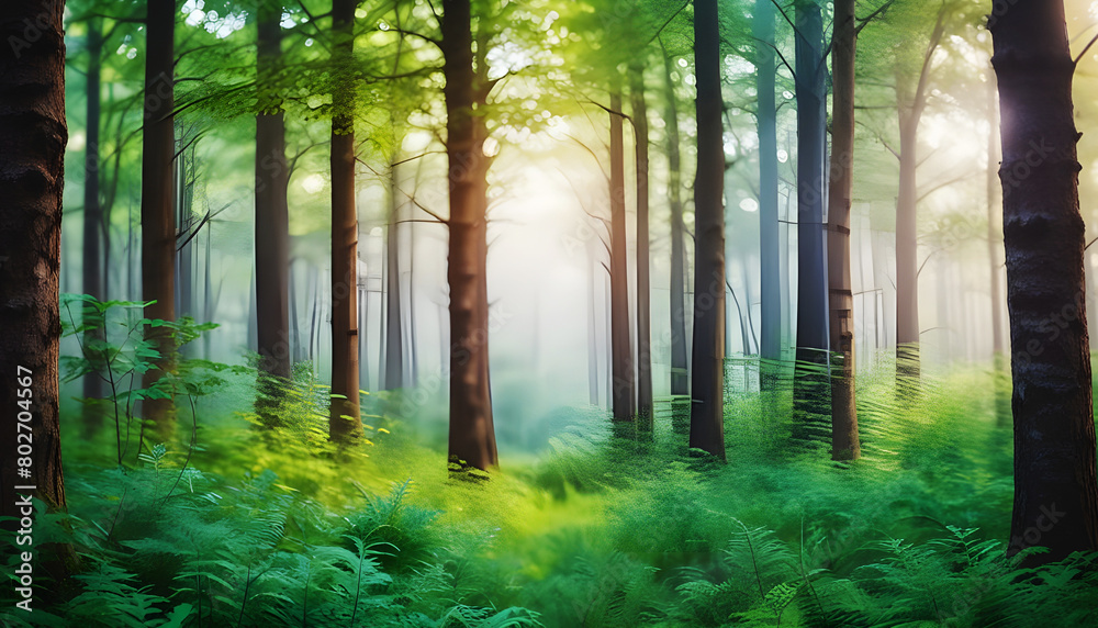 Naklejka premium Beautiful forest blurred background. Generative AI