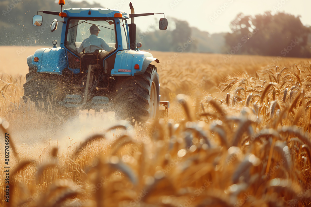 Fototapeta premium A farmer drives a blue tractor through golden wheat fields during sunset