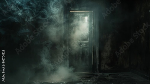 Creepy basement atmosphere  a door slightly open emitting light  revealing a ring gate and heavy smoke  all under a veil of darkness and mist