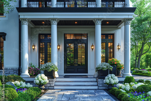 A photo of the front door and columns of an elegant home in the Greek architectural style, with two tall double doors flanked. Created with Ai © Graphics
