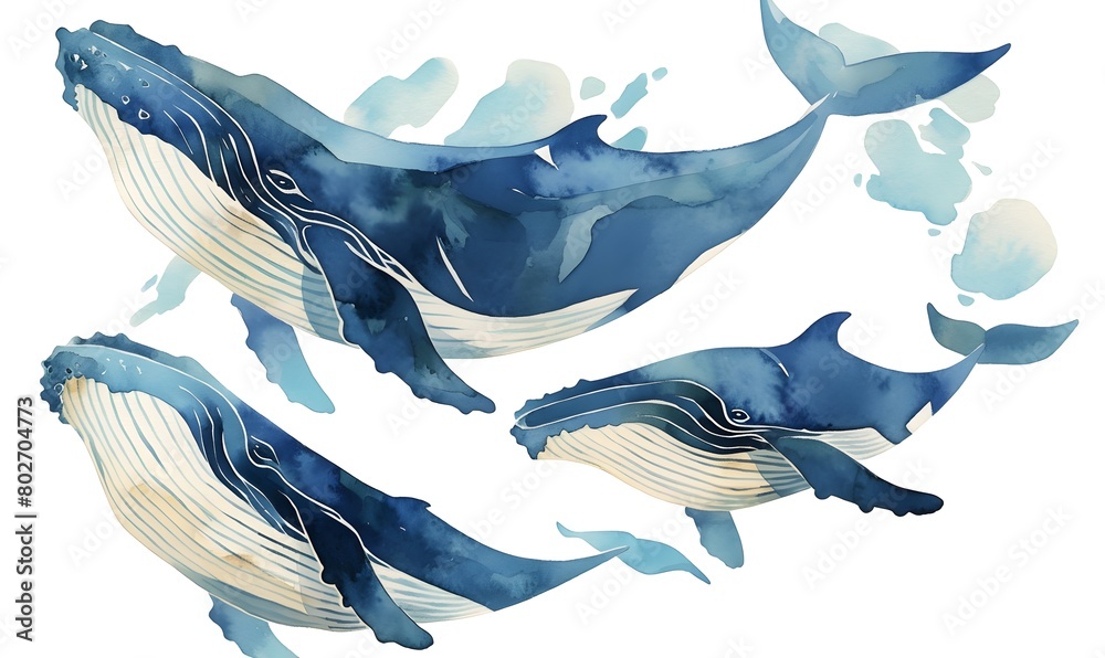 Fototapeta premium whales painted in water colour blue on white background , Generative AI