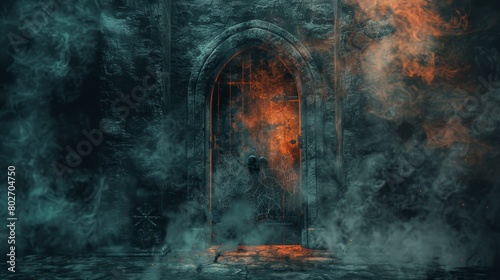 Creepy dungeon door enshrouded in darkness and smoke, cobwebs adding an ancient feel, with the eerie light of flames casting fearful shadows photo