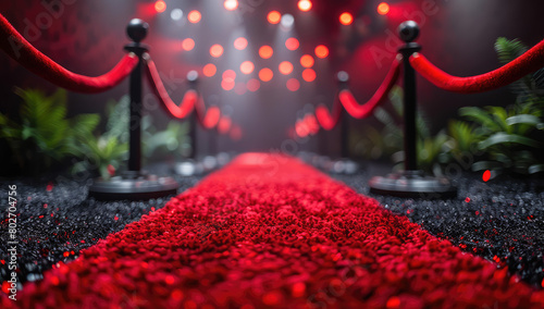 The red carpet had ropes and stanchions leading to an event with cinematic lighting and a smoky background, creating a glamorous style. Created with Ai photo