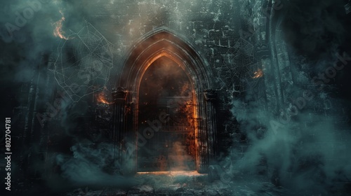 Creepy dungeon door enshrouded in darkness and smoke, cobwebs adding an ancient feel, with the eerie light of flames casting fearful shadows photo