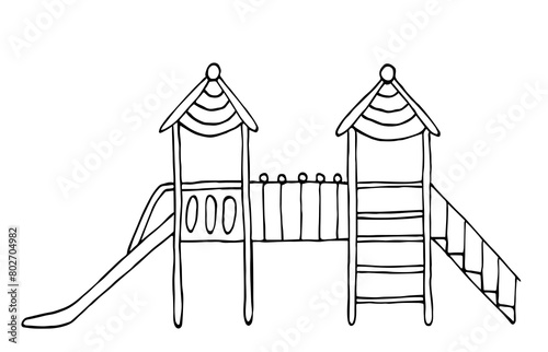 Children's playground, amusement park, slide. Summer rest. Simple black outline vector drawing. Sketch in ink.