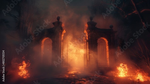 Dark and haunted gate resembling the entrance to hell, smoky and fiery ambiance creating a terrifying spectacle