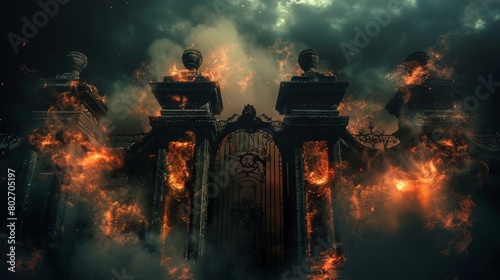 Dark and haunted gate resembling the entrance to hell, smoky and fiery ambiance creating a terrifying spectacle photo