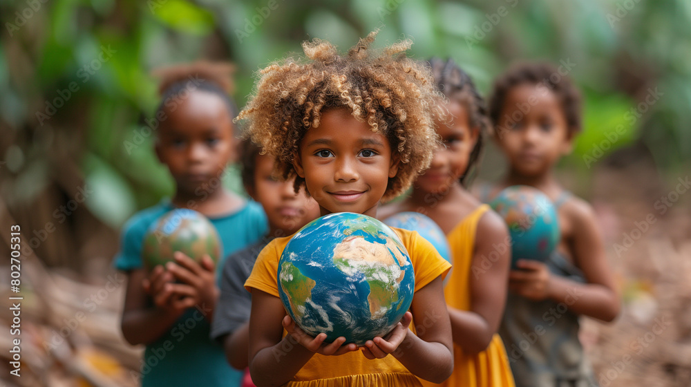 International day of peace concept with African Children holding earth globe. Group of African children holding planet earth over blurry nature background with copy space. International day of peace concept with African Children holding earth globe. Group of African children holding planet earth over blurry nature background with copy space.