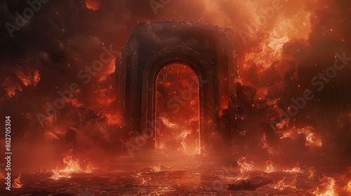 Dark and ominous archery portal door, leading into a hellish landscape engulfed in flames and smoky darkness, creating a scary atmosphere