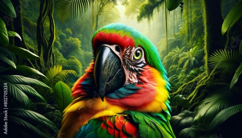 A close-up of a parrot, with a vividly colorful plumage, against the backdrop of a lush, green jungle. photo