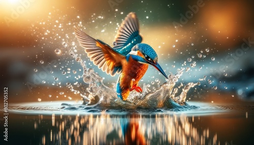 A kingfisher just as it strikes the water, capturing the moment of impact and the ripples that follow. photo