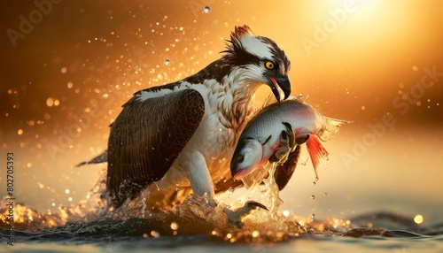 An osprey clutching a fish in its talons with water droplets falling and the sun setting behind it. photo