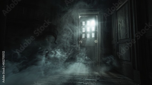 Dark and scary basement setting with a beam of light from an open door  ring gate obscured by smoke and cobwebs  deep shadows lurking