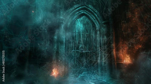 Dark and ominous door leading to dungeons  engulfed in smoke and mist  shrouded in cobwebs with flickering flame fire illuminating the entrance