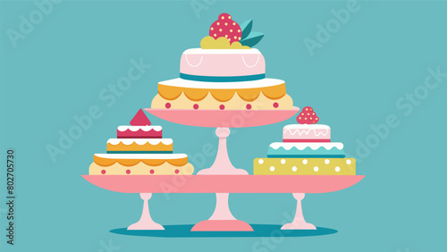 The wedding cake is a stunning creation made entirely from thrifted vintage cake stands and plates adding a touch of nostalgia and budgetfriendliness. Vector illustration
