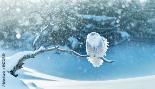 A snowy owl perched on an icy branch during a tranquil snowfall  its feathers ruffled by the gentle wind.