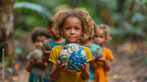 International day of peace concept with African Children holding earth globe. Group of African children holding planet earth over blurry nature background with copy space. photo