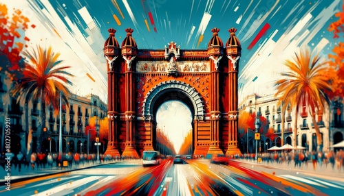 A stylized interpretation of the Arc de Triomf in Barcelona, capturing the monument in an energetic and abstract style. photo