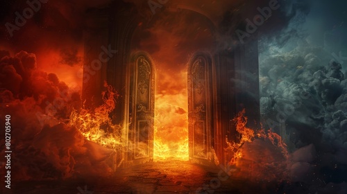 Dramatic portrayal of heaven and hell doors  hell with burning flames and screams  heaven serene and welcoming  both enveloped in darkness and mist