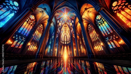 A captivating and abstract artistic interpretation of the interior of the Barcelona Cathedral, focusing on the stained glass windows casting colorful .