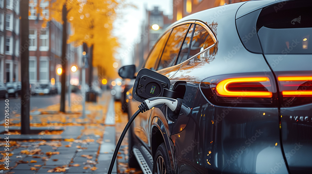 Close-up of electric car charging, ecology transportation conept. Close-up of electric car charging, ecology transportation conept.