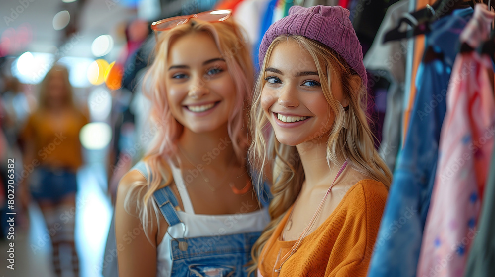 Girl friends shopping for clothes in store. Girl friends shopping for clothes in store.