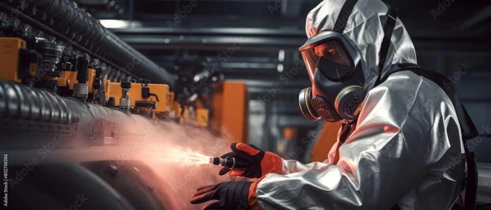 Image of a worker in a protective suit loading chemicals into an industrial mixer, focusing on safety and precision in chemical manufacturing, Image of a worker in a protective suit loading chemicals into an industrial mixer, focusing on safety and precision in chemical manufacturing,