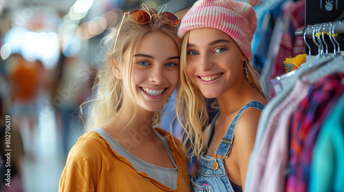 Girl friends shopping for clothes in store.