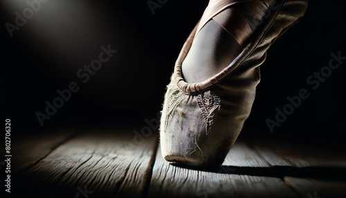 A weathered ballet shoe on a dark wooden floor, with the light outlining its worn texture and delicate form.
