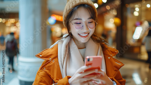 happy young woman watching smart phone in shopping mall.
