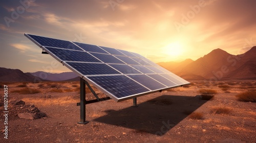 Lone solar panel facing a rising sun in a barren landscape, illustrating the potential and simplicity of solar technology in isolated locations,