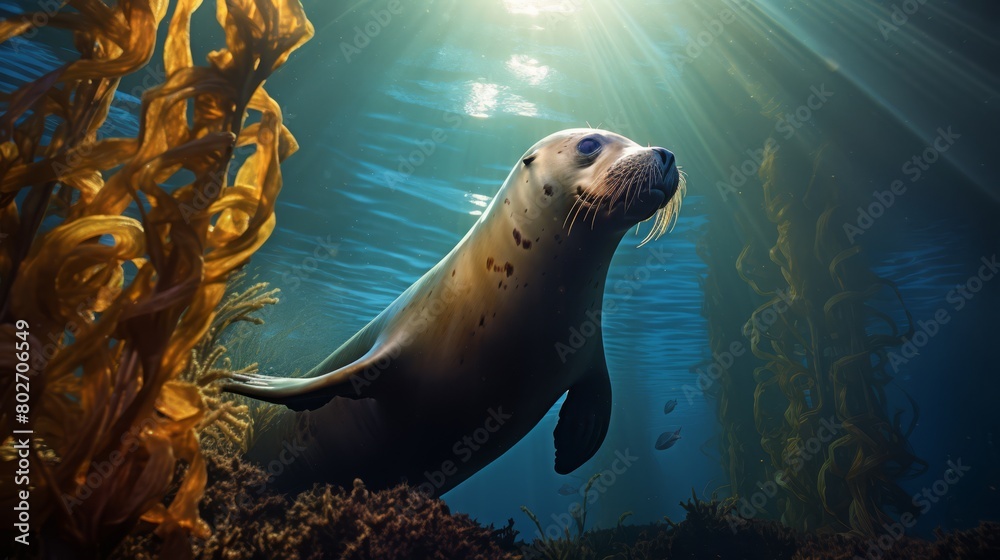 Obraz premium Dramatic scene of a sea lion hunting in the kelp forest, illustrating the animal’s agility and natural habitat,