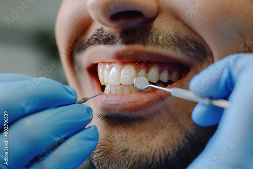 Close-up of a dental examination with a dentist checking a Caucasian male patient s teeth  focusing on dental health.