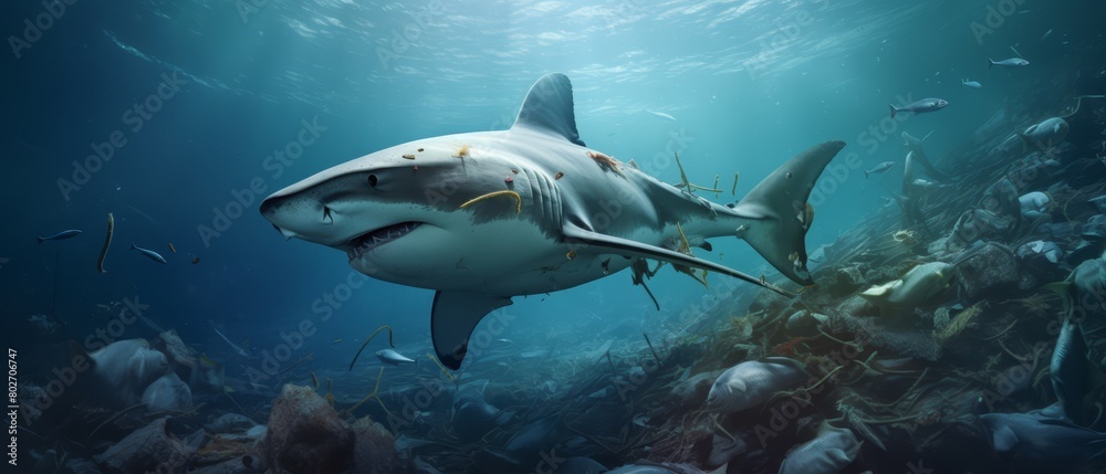 Fototapeta premium Underwater photo of a shark near a trash-laden seabed, highlighting the intrusion of waste,
