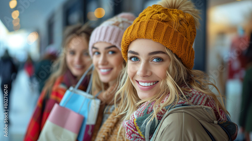 Happy group of friends shopping in autumn season.