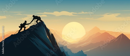 Teamwork concept illustrated by two silhouetted figures, one helping the other climb a steep mountain slope, under a clear blue sky,