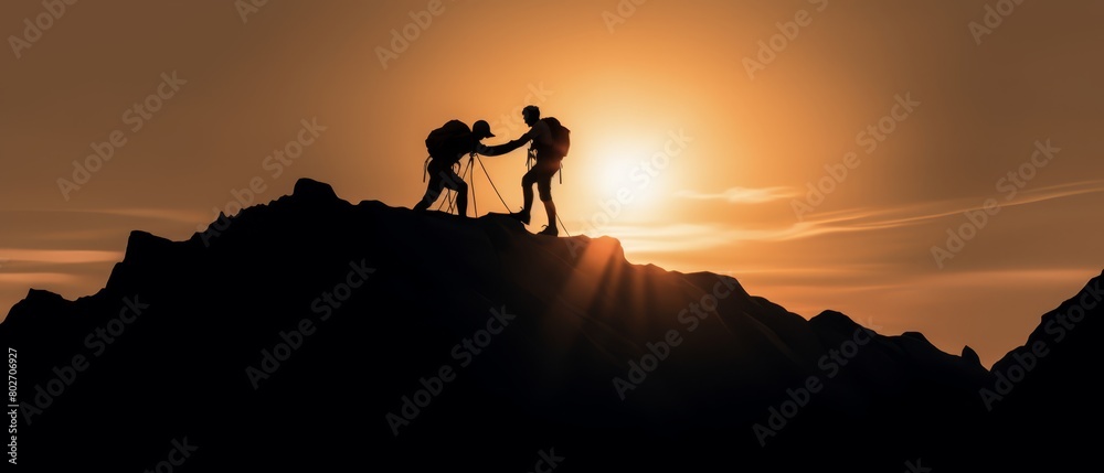 Teamwork and collaboration in the wilderness, with two climbers silhouetted against a bright moon, helping each other on rugged terrain,