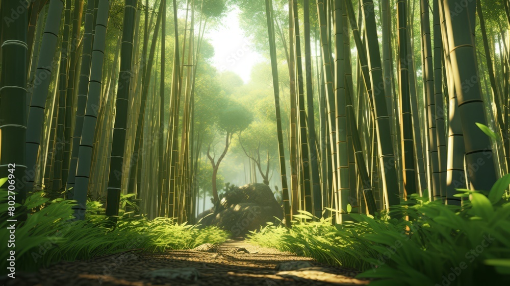 Fototapeta premium Tranquil bamboo grove with tall stalks swaying, gentle rustling sounds, and soft light,