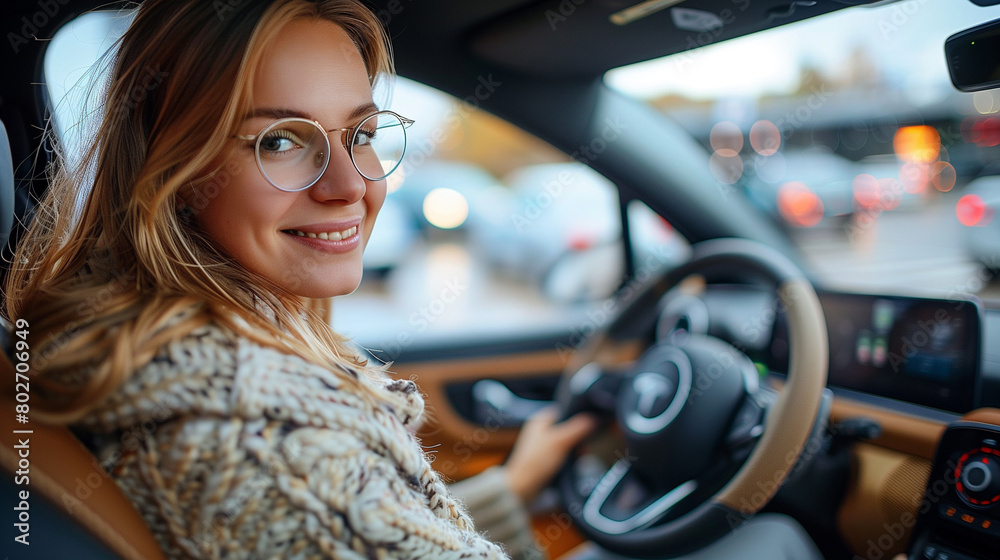 Happy woman driving her new electric car. Happy woman driving her new electric car.