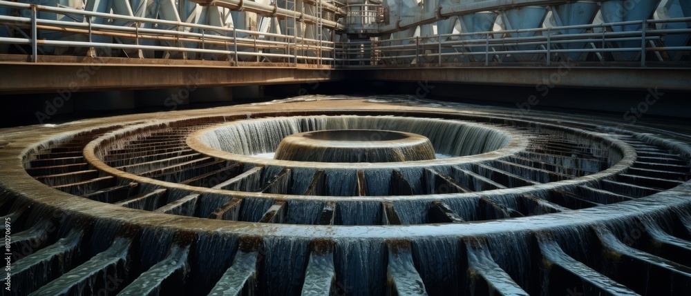 Detailed view of a mechanical screen in a wastewater treatment plant, removing large solids,