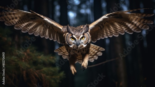 A rare shot of an owl in flight at night, talons extended toward an unseen target below, capturing nocturnal hunting,
